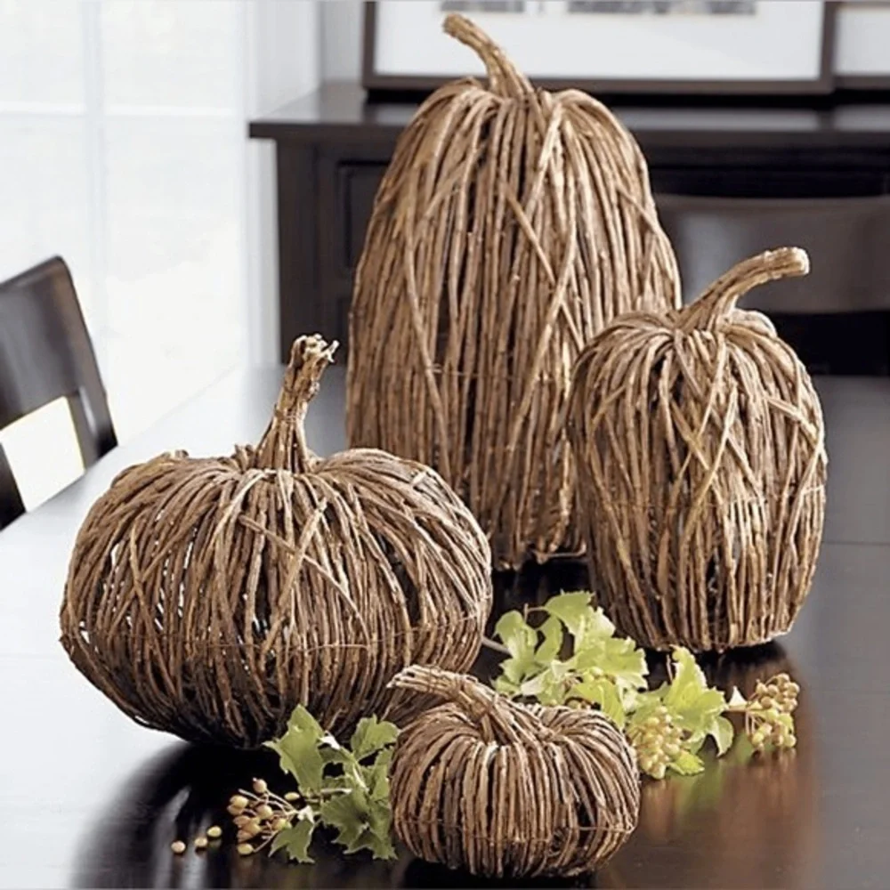 Crate & Barrel Large Wicker Pumpkin Fall Harvest Thanksgiving Decor